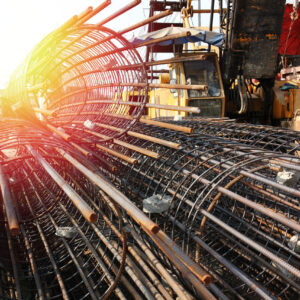 close up group of steel structure make for bored pile in big construction site
