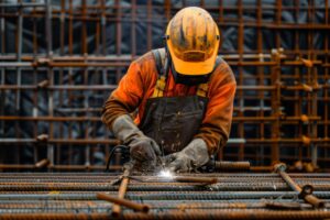 A construction worker in an orange and yellow reflective work suit and safety helmet is skillfully welding an iron structure on a bustling construction site