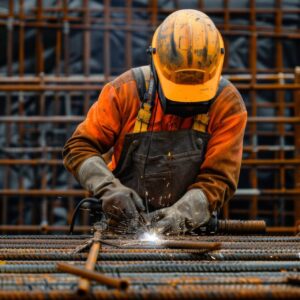 A construction worker in an orange and yellow reflective work suit and safety helmet is skillfully welding an iron structure on a bustling construction site